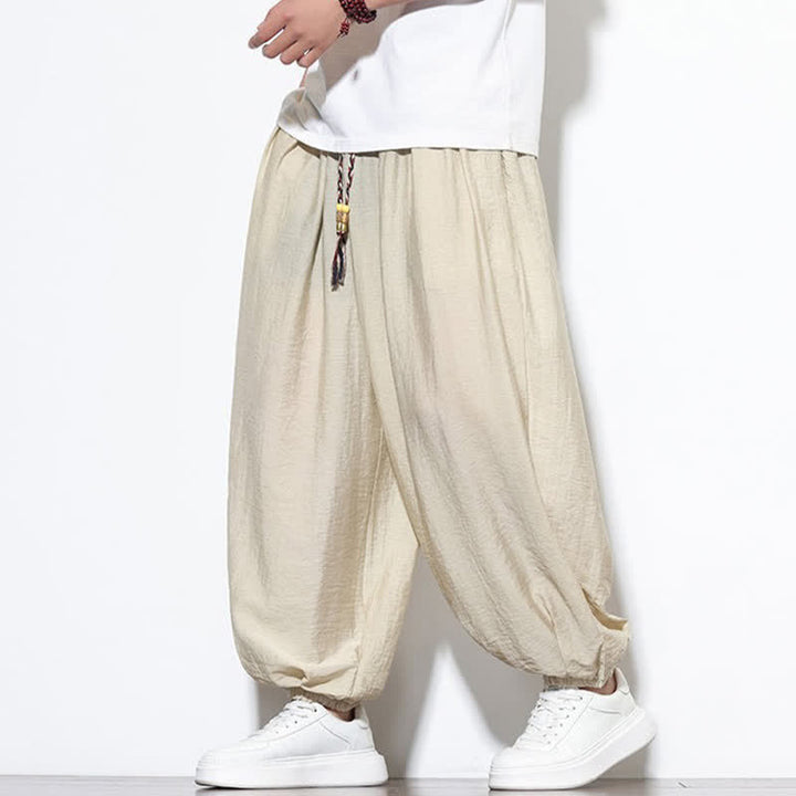 Buddha Stones Pantalon sarouel d'été bohème décontracté à cordon de serrage, uni, court, avec poches - Beige - US/UK/AU46，EU56 (5XL) - image 0