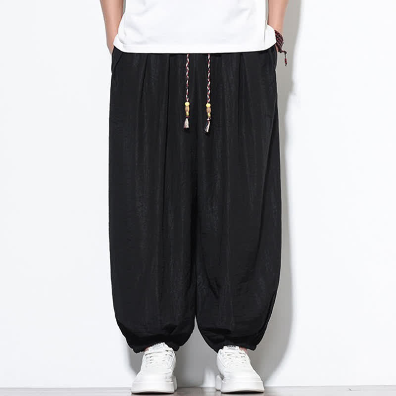 Buddha Stones Pantalon sarouel d'été bohème décontracté à cordon de serrage, uni, court, avec poches - Noir - US/UK/AU46，EU56 (5XL) - image 9