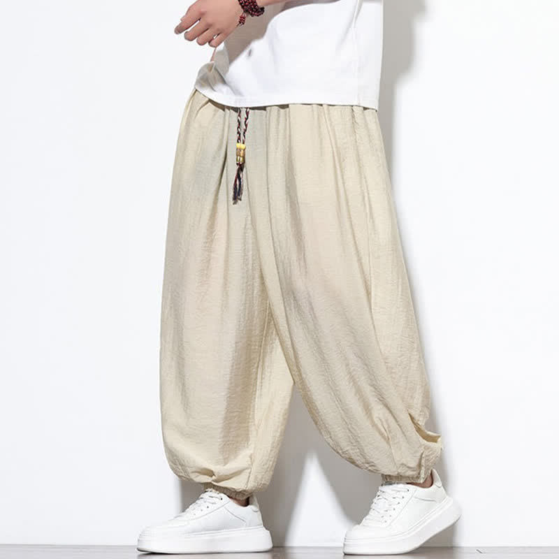 Buddha Stones Pantalon sarouel d'été bohème décontracté à cordon de serrage, uni, court, avec poches - Beige - US/UK/AU46，EU56 (5XL) - image 0