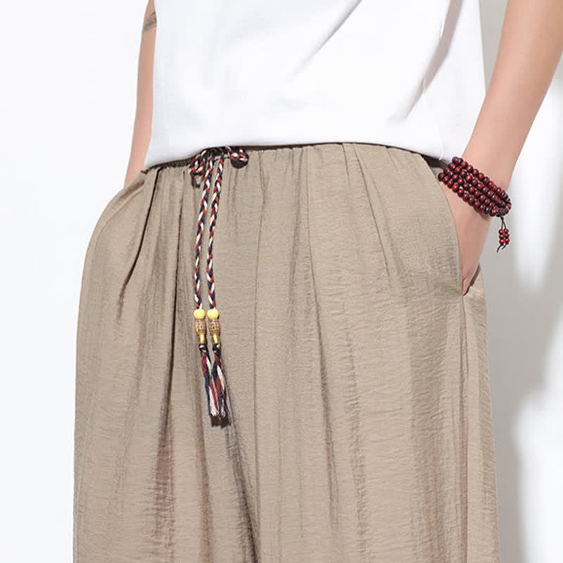 Buddha Stones Pantalon sarouel d'été bohème décontracté à cordon de serrage, uni, court, avec poches - image 35