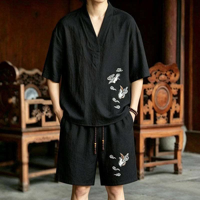 Buddha Stones Ensemble 2 pièces style Tang, broderie grue, manches courtes, short, vêtement de méditation pour homme avec poches - Chemise noire + short noir - US/UK/AU46，EU56 (5XL) - image 0