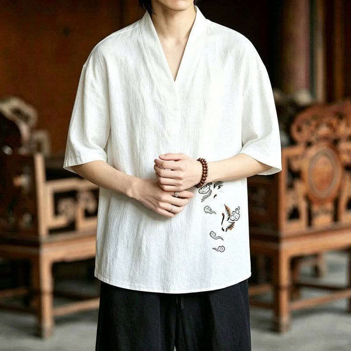 Buddha Stones Ensemble 2 pièces style Tang, broderie grue, manches courtes, short, vêtement de méditation pour homme avec poches - image 7