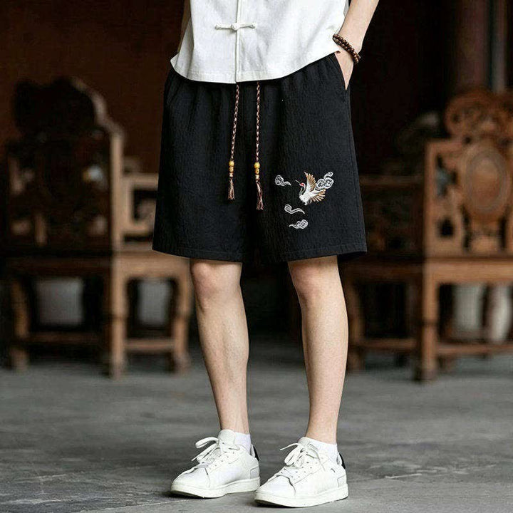 Buddha Stones Ensemble 2 pièces style Tang, broderie grue, manches courtes, short, vêtement de méditation pour homme avec poches - image 3