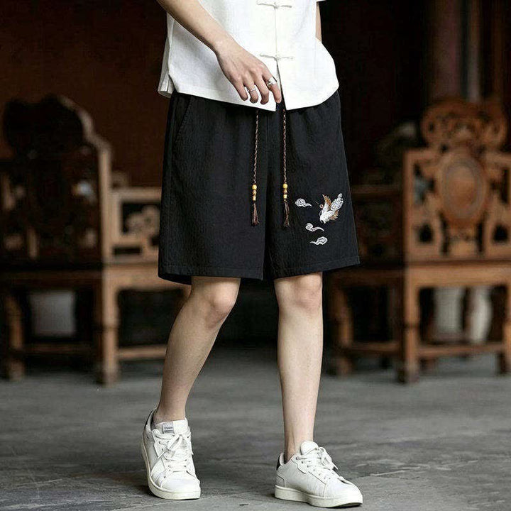 Buddha Stones Ensemble 2 pièces style Tang, broderie grue, manches courtes, short, vêtement de méditation pour homme avec poches - image 2
