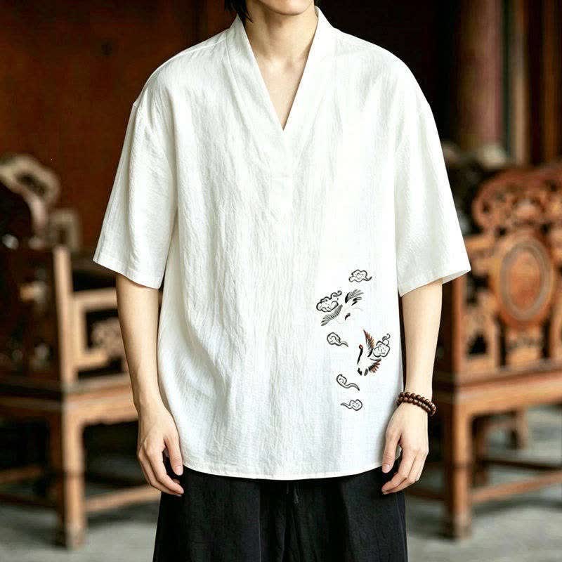 Buddha Stones Ensemble 2 pièces style Tang, broderie grue, manches courtes, short, vêtement de méditation pour homme avec poches - image 6