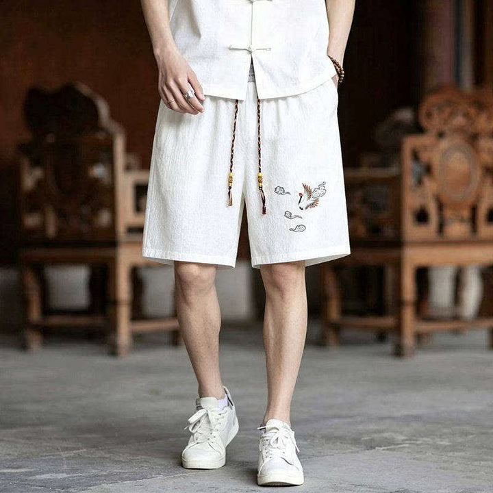 Buddha Stones Ensemble 2 pièces style Tang, broderie grue, manches courtes, short, vêtement de méditation pour homme avec poches - image 11