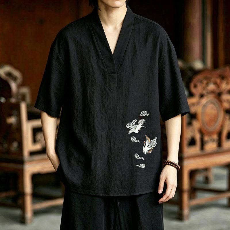 Buddha Stones Ensemble 2 pièces style Tang, broderie grue, manches courtes, short, vêtement de méditation pour homme avec poches - image 1