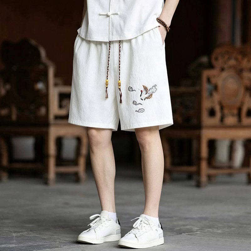 Buddha Stones Ensemble 2 pièces style Tang, broderie grue, manches courtes, short, vêtement de méditation pour homme avec poches - image 12