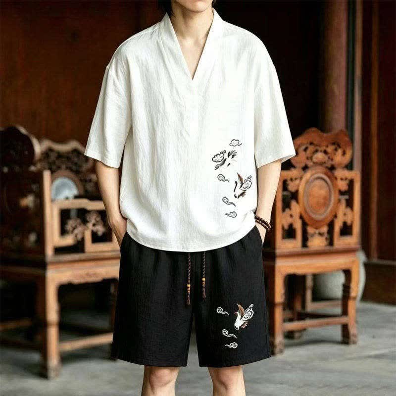 Buddha Stones Ensemble 2 pièces style Tang, broderie grue, manches courtes, short, vêtement de méditation pour homme avec poches - Chemise blanche + short noir - US/UK/AU46，EU56 (5XL) - image 5