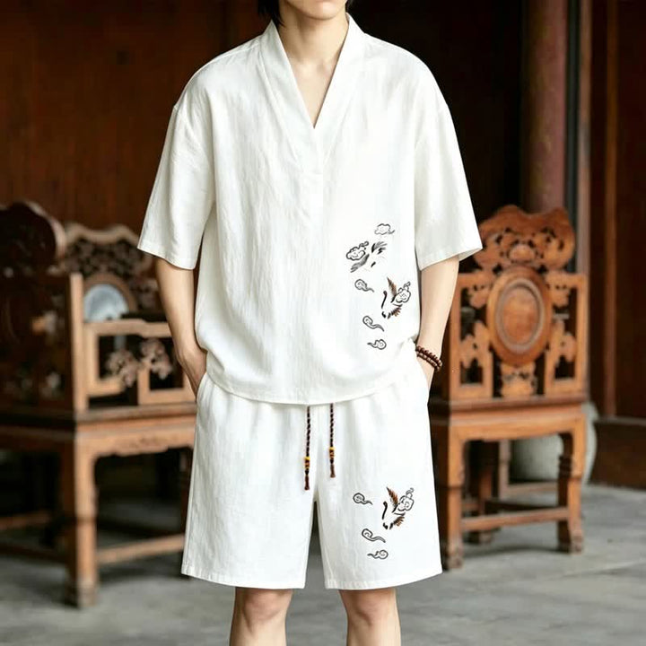Buddha Stones Ensemble 2 pièces style Tang, broderie grue, manches courtes, short, vêtement de méditation pour homme avec poches - Chemise blanche + short blanc - US/UK/AU46，EU56 (5XL) - image 9