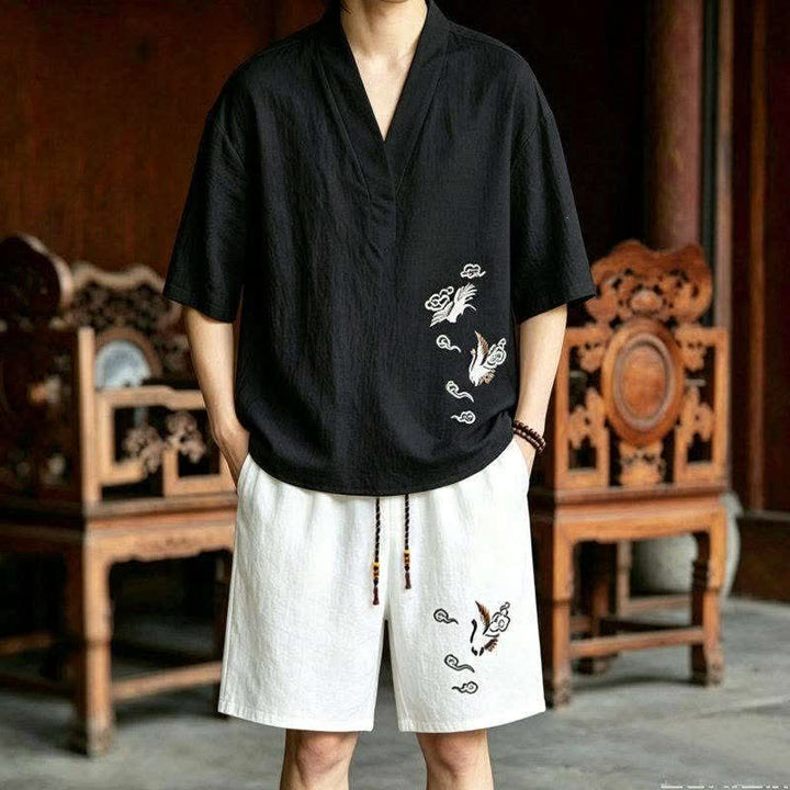 Buddha Stones Ensemble 2 pièces style Tang, broderie grue, manches courtes, short, vêtement de méditation pour homme avec poches - Chemise noire + short blanc - US/UK/AU46，EU56 (5XL) - image 4