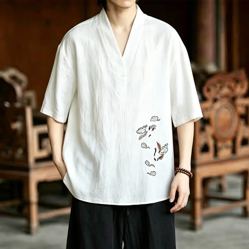Buddha Stones Ensemble 2 pièces style Tang, broderie grue, manches courtes, short, vêtement de méditation pour homme avec poches - image 8