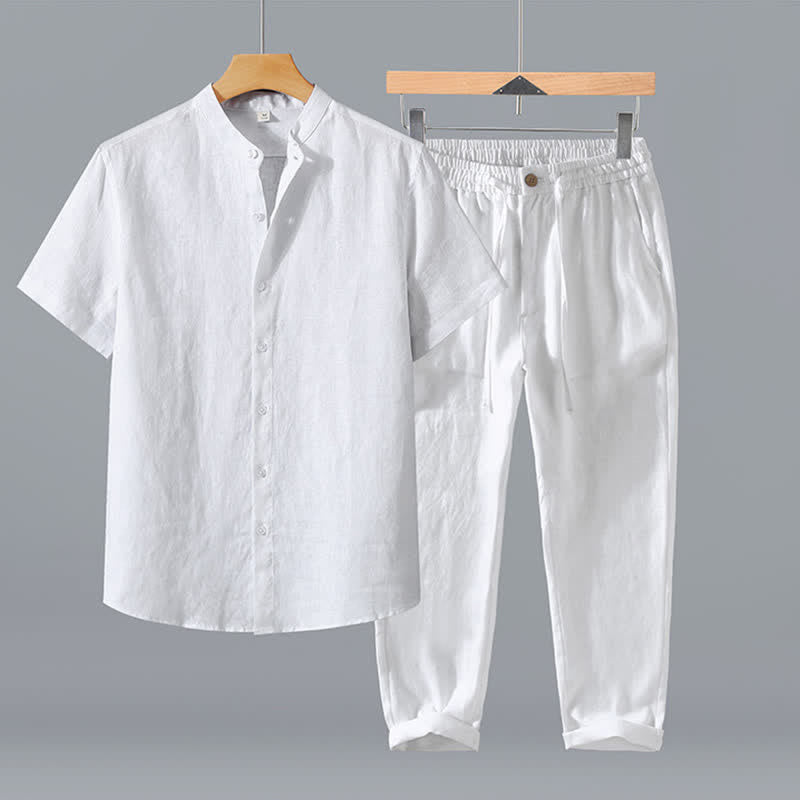 Buddha Stones Ensemble 2 pièces style Tang, chemise et pantalon de méditation d'été en lin uni à manches courtes et col mandarin, avec poches. - Chemise blanche + pantalon - US/UK/AU42，EU52 (3XL) - image 19