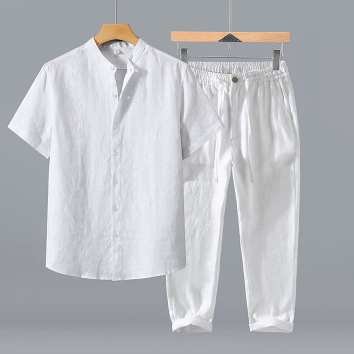 Buddha Stones Ensemble 2 pièces style Tang, chemise et pantalon de méditation d'été en lin uni à manches courtes et col mandarin, avec poches. - Chemise blanche + pantalon - US/UK/AU42，EU52 (3XL) - image 19