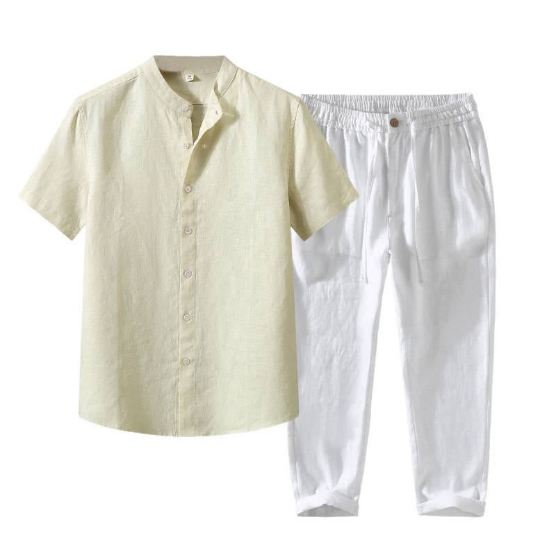 Buddha Stones Ensemble 2 pièces style Tang, chemise et pantalon de méditation d'été en lin uni à manches courtes et col mandarin, avec poches. - image 18
