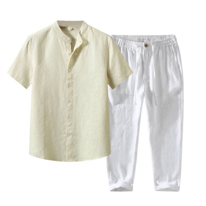 Buddha Stones Ensemble 2 pièces style Tang, chemise et pantalon de méditation d'été en lin uni à manches courtes et col mandarin, avec poches. - image 18