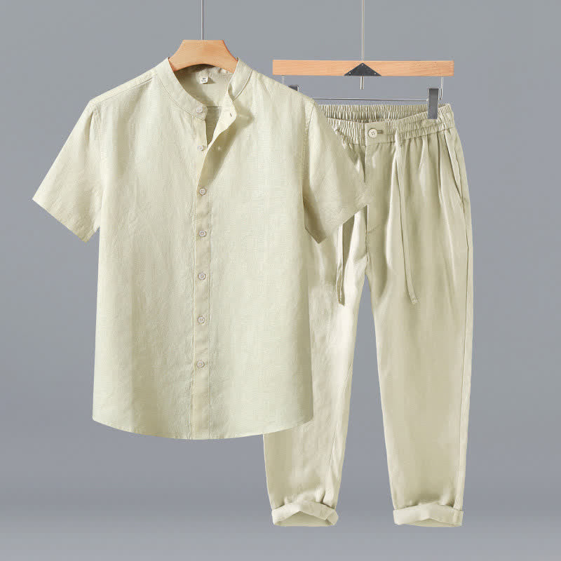 Buddha Stones Ensemble 2 pièces style Tang, chemise et pantalon de méditation d'été en lin uni à manches courtes et col mandarin, avec poches. - Chemise beige + pantalon - US/UK/AU42，EU52 (3XL) - image 10