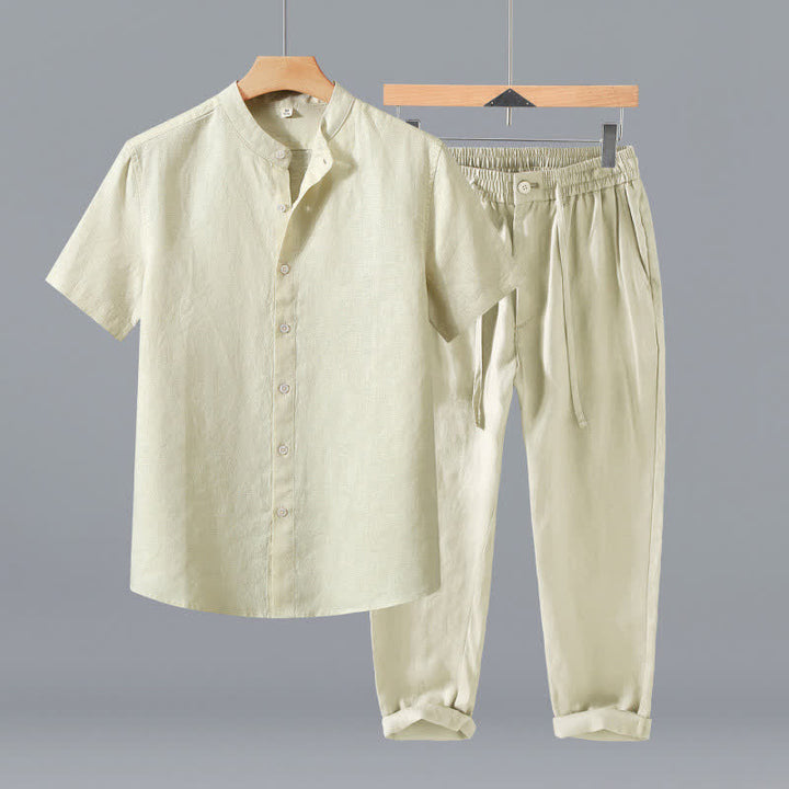 Buddha Stones Ensemble 2 pièces style Tang, chemise et pantalon de méditation d'été en lin uni à manches courtes et col mandarin, avec poches. - Chemise beige + pantalon - US/UK/AU42，EU52 (3XL) - image 10