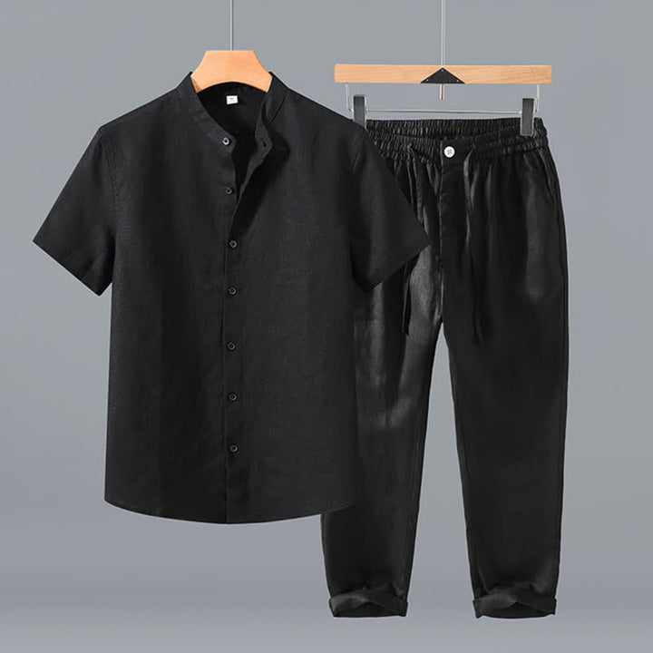 Buddha Stones Ensemble 2 pièces style Tang, chemise et pantalon de méditation d'été en lin uni à manches courtes et col mandarin, avec poches. - Chemise et pantalon noirs - US/UK/AU42，EU52 (3XL) - image 1