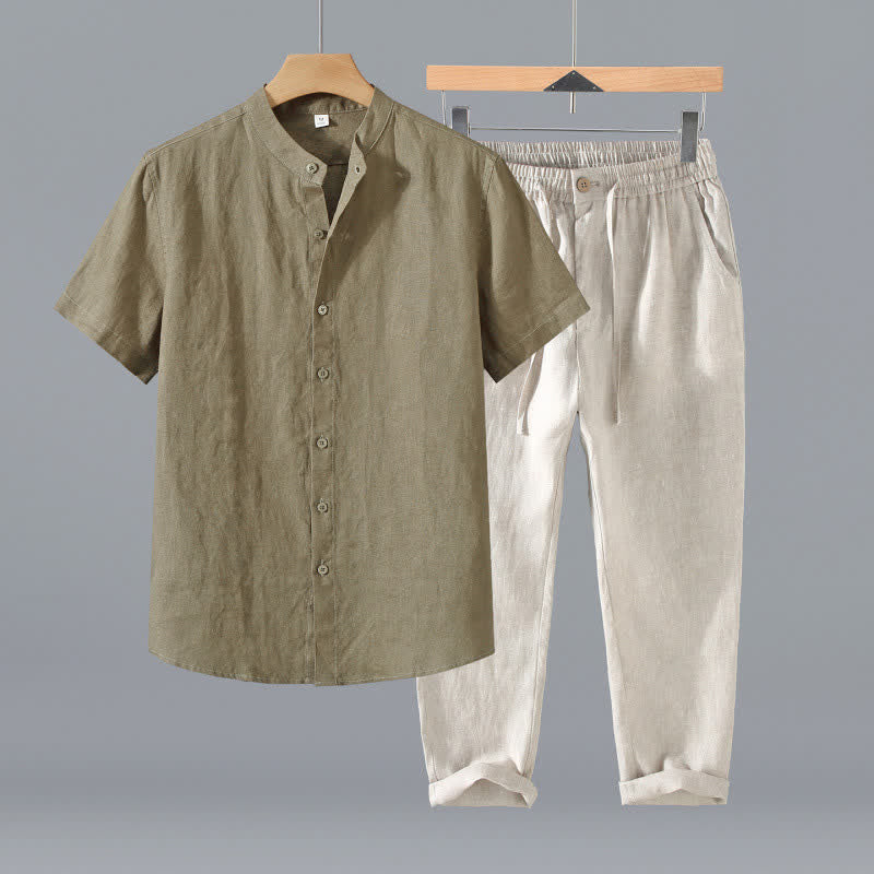 Buddha Stones Ensemble 2 pièces style Tang, chemise et pantalon de méditation d'été en lin uni à manches courtes et col mandarin, avec poches. - Chemise kaki foncé + pantalon beige - US/UK/AU42，EU52 (3XL) - image 2
