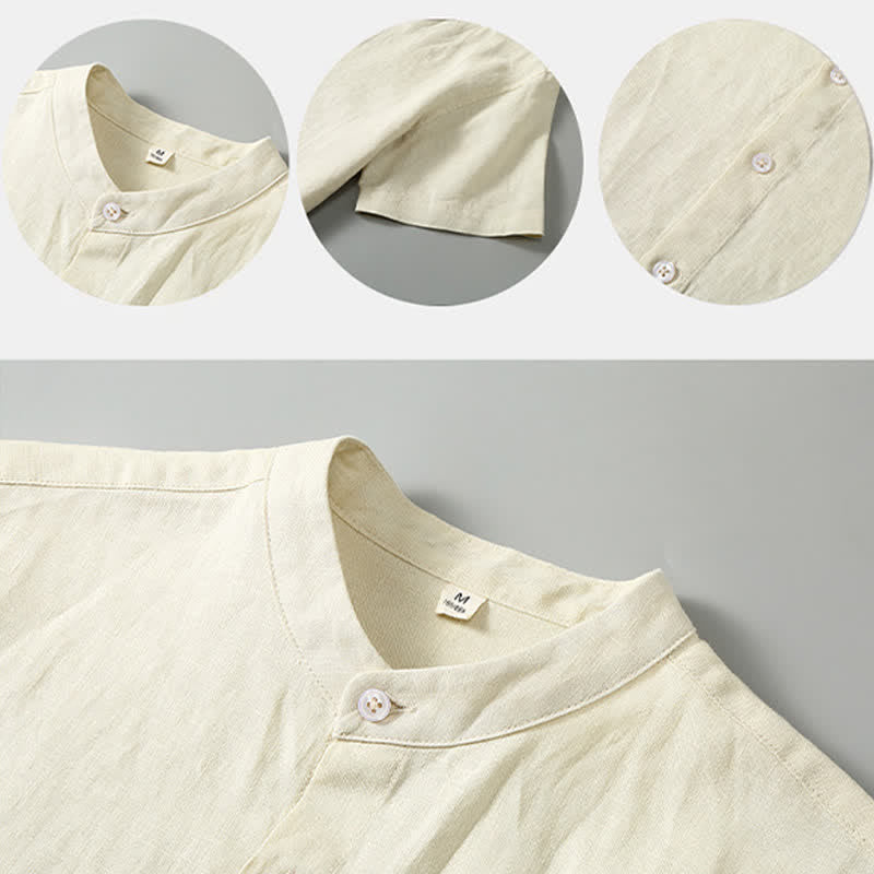 Buddha Stones Ensemble 2 pièces style Tang, chemise et pantalon de méditation d'été en lin uni à manches courtes et col mandarin, avec poches. - image 11