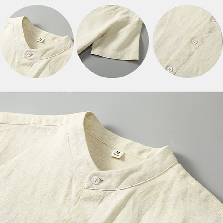 Buddha Stones Ensemble 2 pièces style Tang, chemise et pantalon de méditation d'été en lin uni à manches courtes et col mandarin, avec poches. - image 11