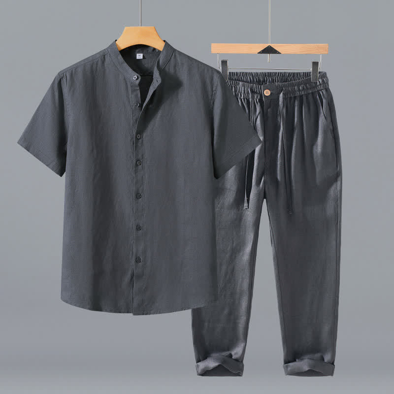 Buddha Stones Ensemble 2 pièces style Tang, chemise et pantalon de méditation d'été en lin uni à manches courtes et col mandarin, avec poches. - Chemise grise + pantalon - US/UK/AU42，EU52 (3XL) - image 0