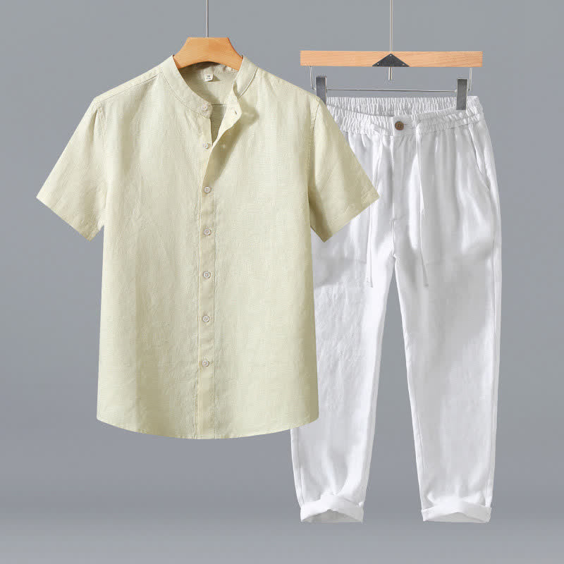 Buddha Stones Ensemble 2 pièces style Tang, chemise et pantalon de méditation d'été en lin uni à manches courtes et col mandarin, avec poches. - Chemise beige + pantalon blanc - US/UK/AU42，EU52 (3XL) - image 17