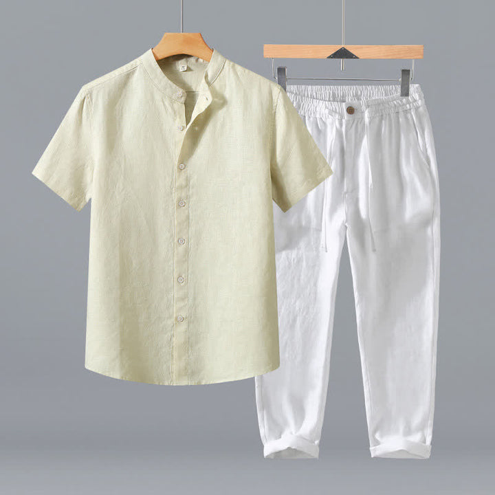 Buddha Stones Ensemble 2 pièces style Tang, chemise et pantalon de méditation d'été en lin uni à manches courtes et col mandarin, avec poches. - Chemise beige + pantalon blanc - US/UK/AU42，EU52 (3XL) - image 17