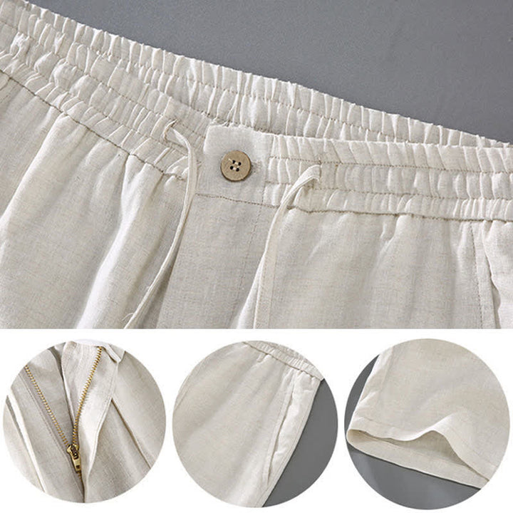 Buddha Stones Ensemble 2 pièces : chemise et short d'été en lin uni à col mandarin et manches courtes, avec poche, idéal pour la méditation. - image 1