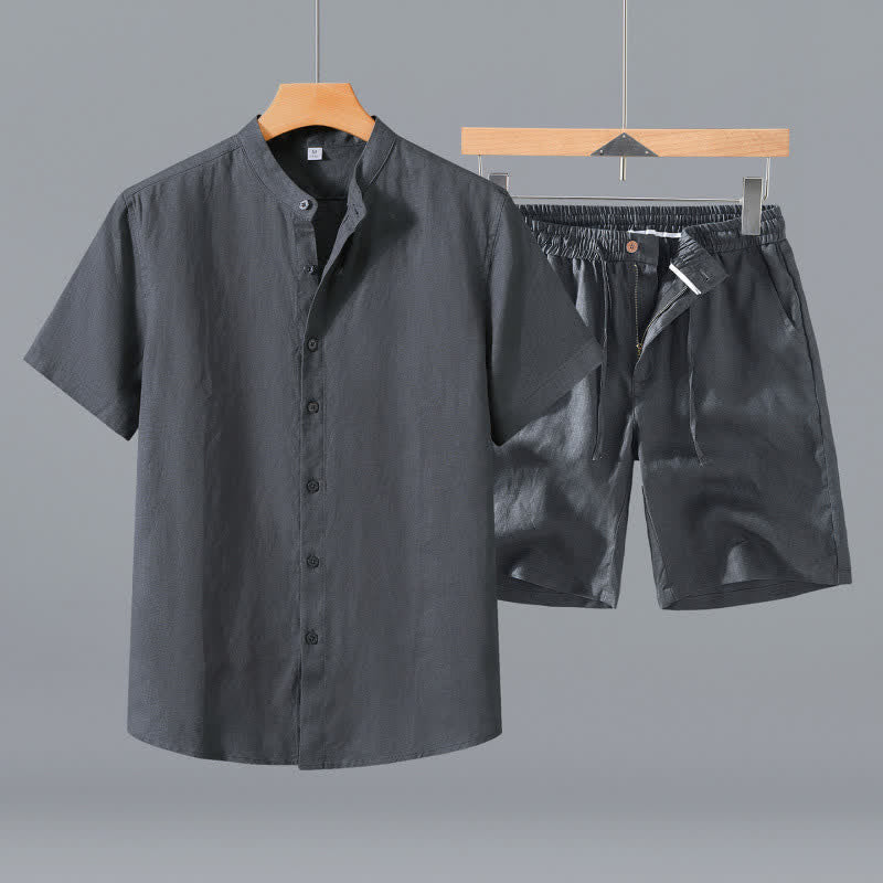 Buddha Stones Ensemble 2 pièces : chemise et short d'été en lin uni à col mandarin et manches courtes, avec poche, idéal pour la méditation. - Chemise grise + short - US/UK/AU42，EU52 (3XL) - image 9