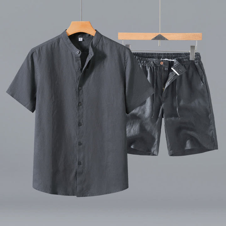 Buddha Stones Ensemble 2 pièces : chemise et short d'été en lin uni à col mandarin et manches courtes, avec poche, idéal pour la méditation. - Chemise grise + short - US/UK/AU42，EU52 (3XL) - image 9