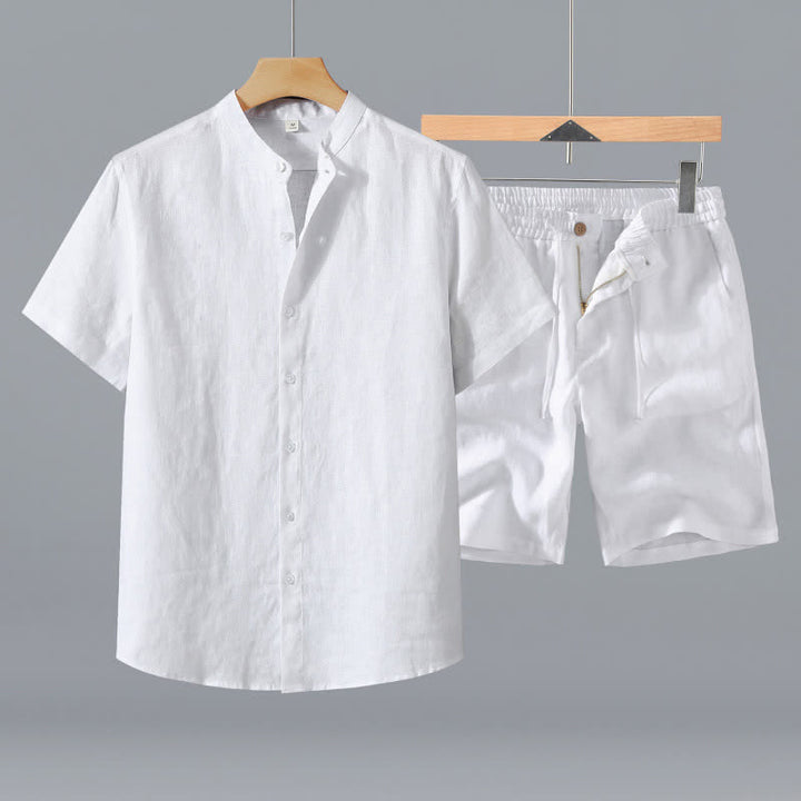 Buddha Stones Ensemble 2 pièces : chemise et short d'été en lin uni à col mandarin et manches courtes, avec poche, idéal pour la méditation. - Chemise blanche + short - US/UK/AU42，EU52 (3XL) - image 18