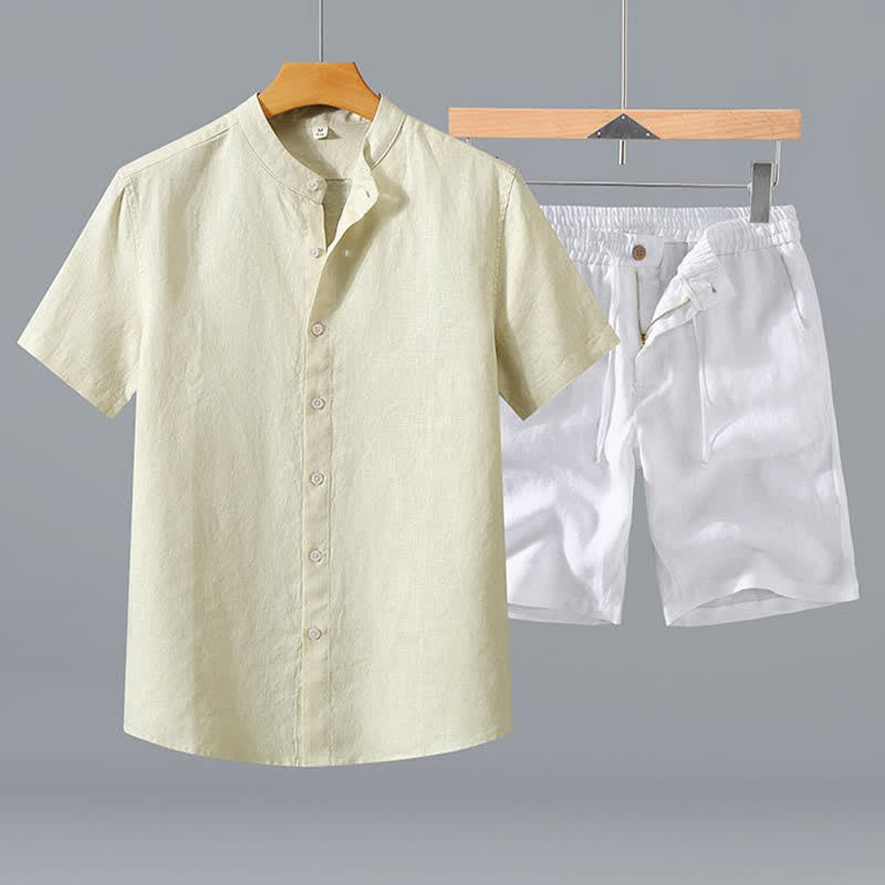 Buddha Stones Ensemble 2 pièces : chemise et short d'été en lin uni à col mandarin et manches courtes, avec poche, idéal pour la méditation. - Chemise beige + short blanc - US/UK/AU42，EU52 (3XL) - image 10