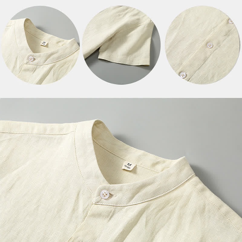 Buddha Stones Ensemble 2 pièces : chemise et short d'été en lin uni à col mandarin et manches courtes, avec poche, idéal pour la méditation. - image 12