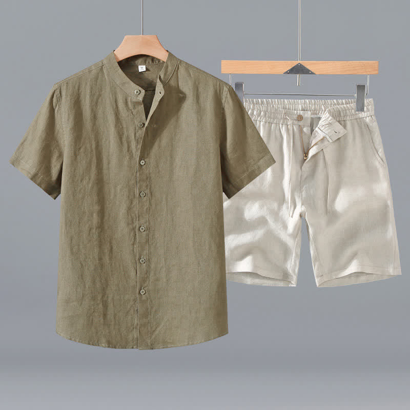 Buddha Stones Ensemble 2 pièces : chemise et short d'été en lin uni à col mandarin et manches courtes, avec poche, idéal pour la méditation. - Chemise kaki foncé + short beige - US/UK/AU42，EU52 (3XL) - image 0