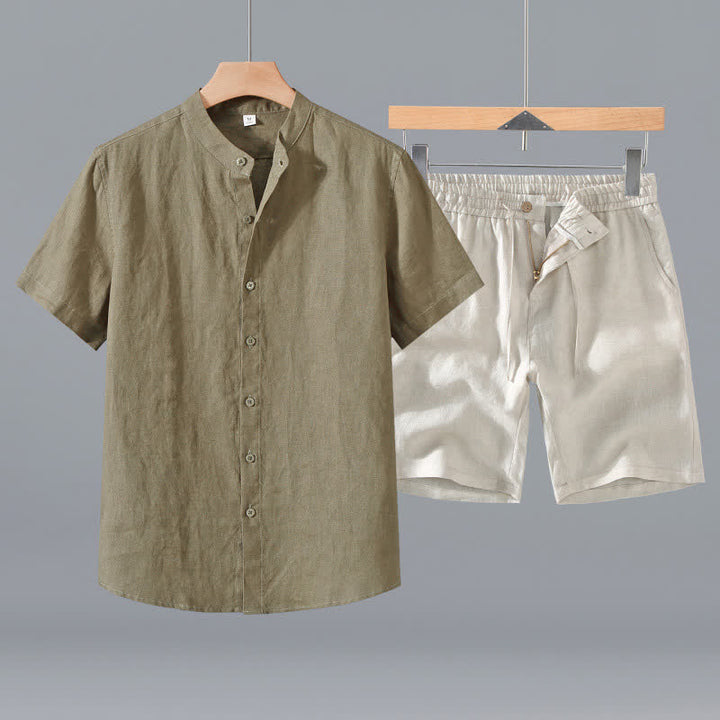 Buddha Stones Ensemble 2 pièces : chemise et short d'été en lin uni à col mandarin et manches courtes, avec poche, idéal pour la méditation. - Chemise kaki foncé + short beige - US/UK/AU42，EU52 (3XL) - image 0