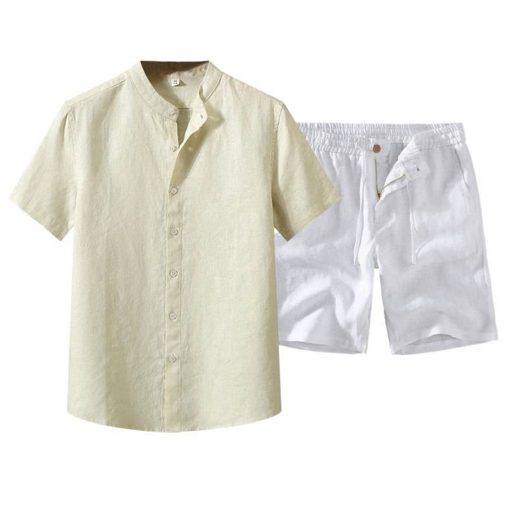 Buddha Stones Ensemble 2 pièces : chemise et short d'été en lin uni à col mandarin et manches courtes, avec poche, idéal pour la méditation. - image 11