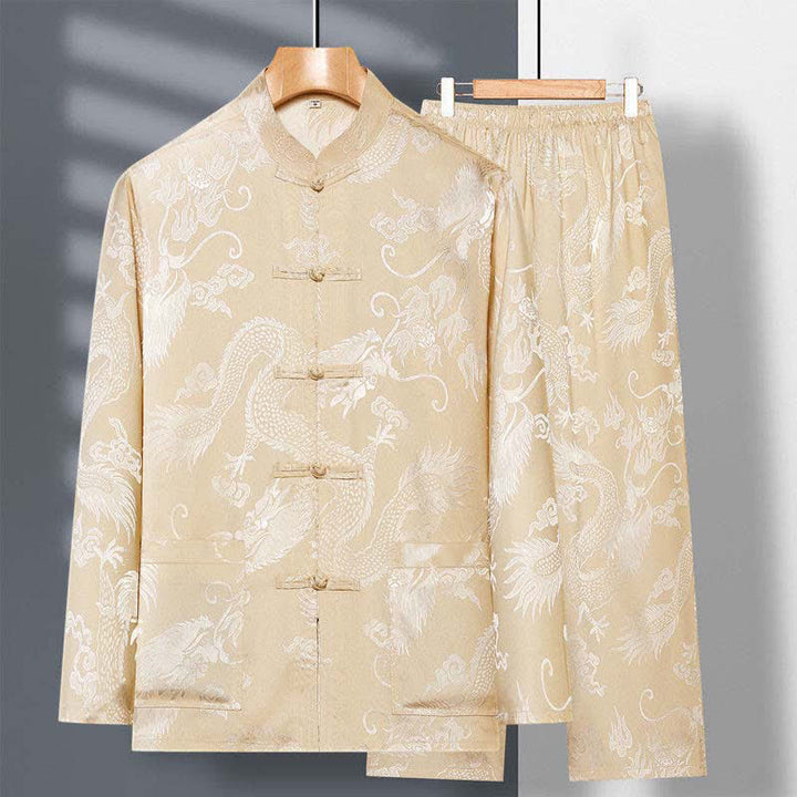 Ensemble de vêtements 2 pièces pour homme avec chemise à manches longues et pantalon et boutons en forme de Buddha Stones et de dragon - Kaki - US/UK/AU42，EU52 (3XL) - image 2