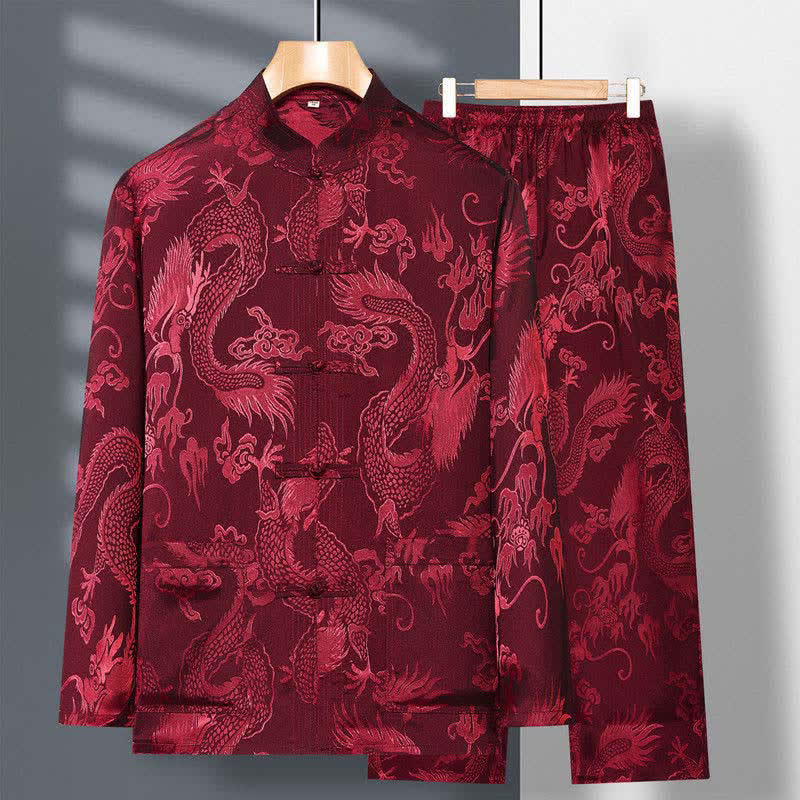 Ensemble de vêtements 2 pièces pour homme avec chemise à manches longues et pantalon et boutons en forme de Buddha Stones et de dragon - FireBrick - US/UK/AU42，EU52 (3XL) - image 4