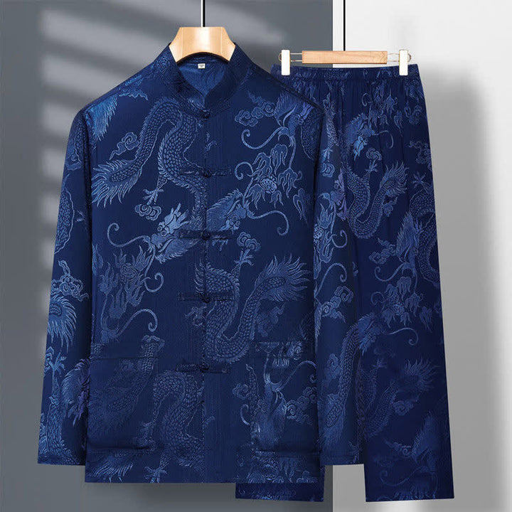 Ensemble de vêtements 2 pièces pour homme avec chemise à manches longues et pantalon et boutons en forme de Buddha Stones et de dragon - SteelBlue - US/UK/AU42，EU52 (3XL) - image 0