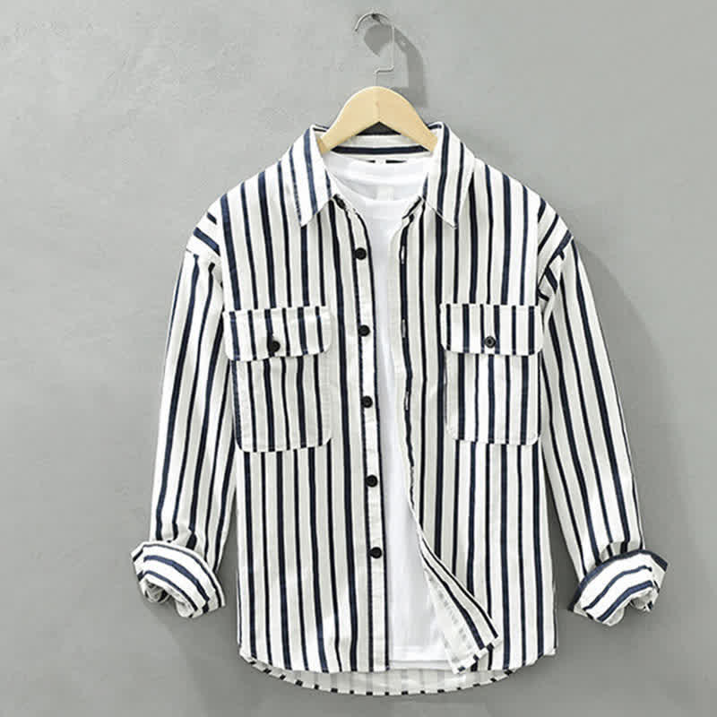Buddha Stones Chemises rayées classiques décontractées à manches longues pour homme, avec poche, idéales pour le printemps. - Blanc - US/UK/AU42，EU52 (3XL) - image 0