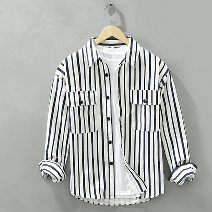 Buddha Stones Chemises rayées classiques décontractées à manches longues pour homme, avec poche, idéales pour le printemps. - Blanc - US/UK/AU42，EU52 (3XL) - image 0