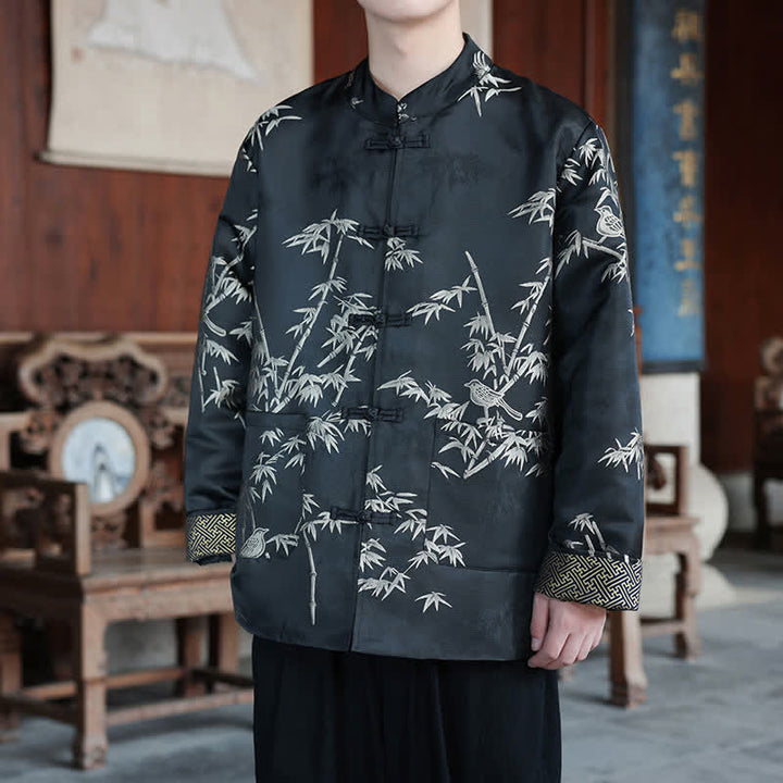 Buddha Stones Vestes homme automne-hiver style Tang vintage à col mandarin et imprimé grues avec poches - Oiseaux de bambou - US/UK/AU46，EU56 (5XL) - image 9