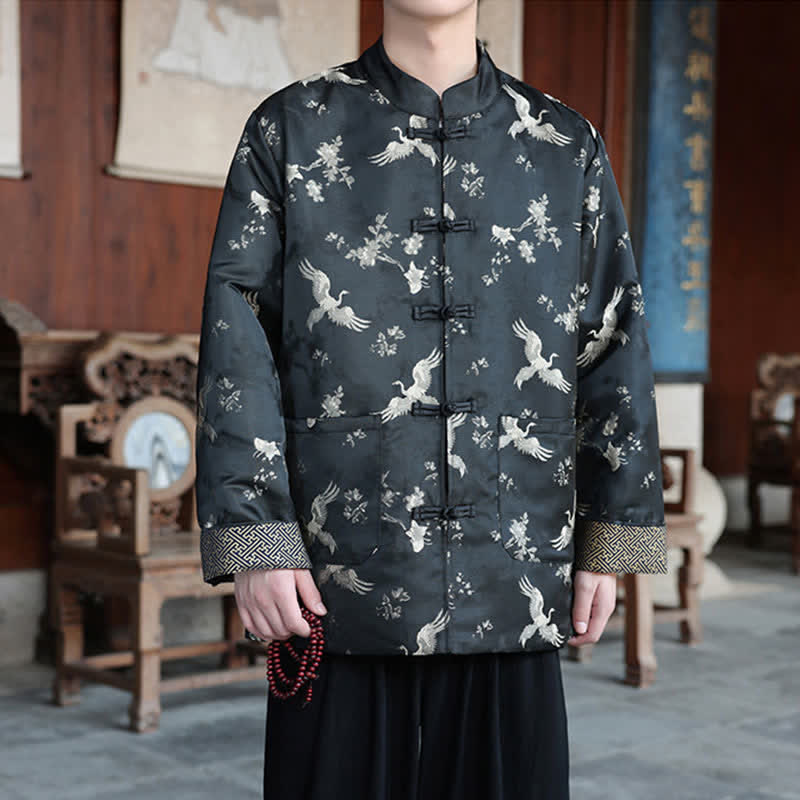 Buddha Stones Vestes homme automne-hiver style Tang vintage à col mandarin et imprimé grues avec poches - image 2