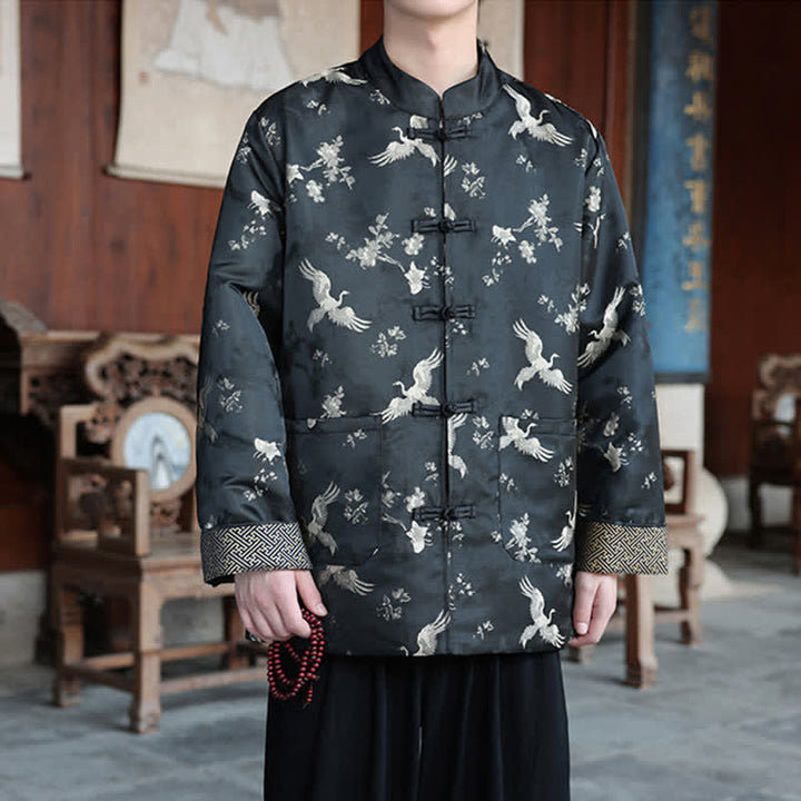 Buddha Stones Vestes homme automne-hiver style Tang vintage à col mandarin et imprimé grues avec poches - image 2