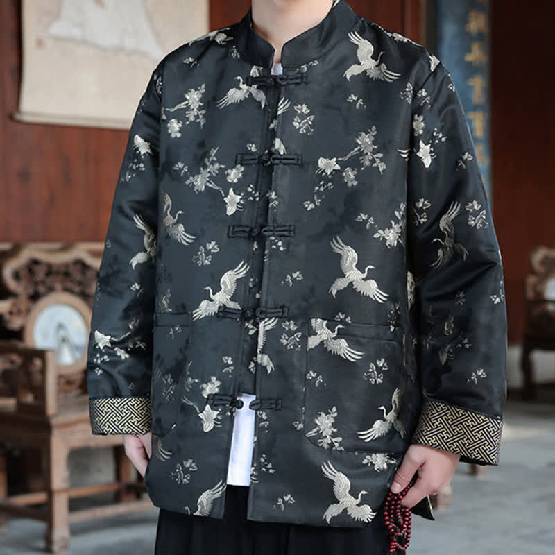 Buddha Stones Vestes homme automne-hiver style Tang vintage à col mandarin et imprimé grues avec poches - Grues à couronne rouge - US/UK/AU46，EU56 (5XL) - image 0