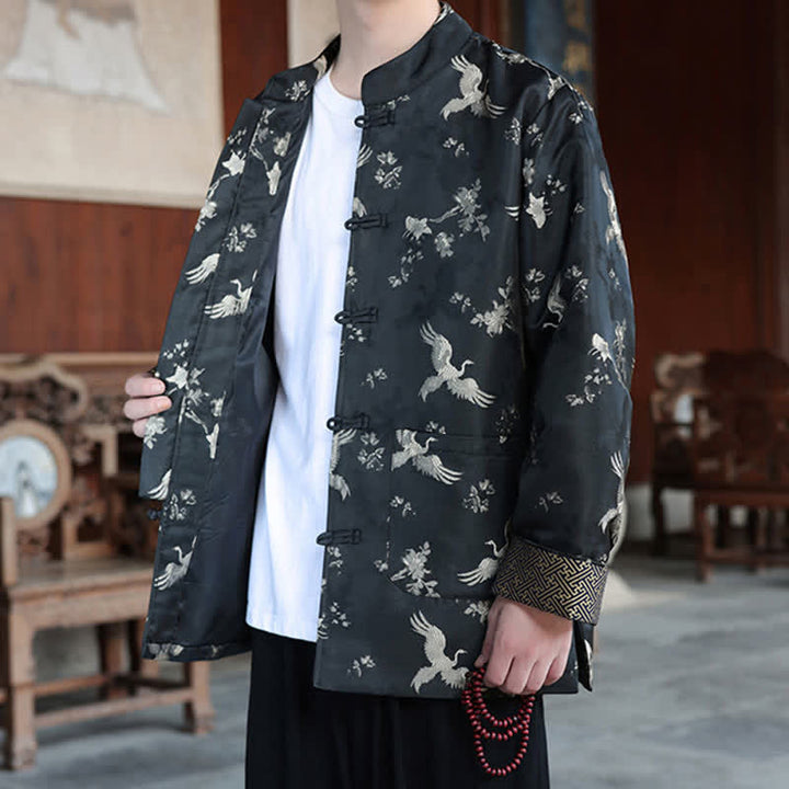 Buddha Stones Vestes homme automne-hiver style Tang vintage à col mandarin et imprimé grues avec poches - image 5