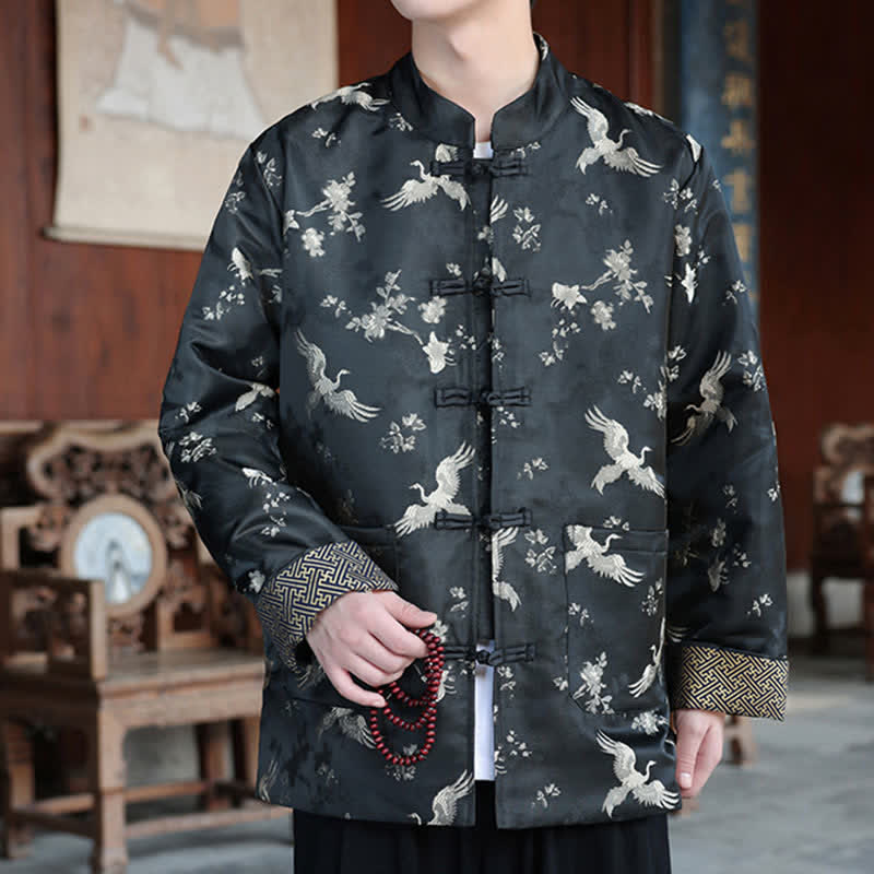 Buddha Stones Vestes homme automne-hiver style Tang vintage à col mandarin et imprimé grues avec poches - image 1