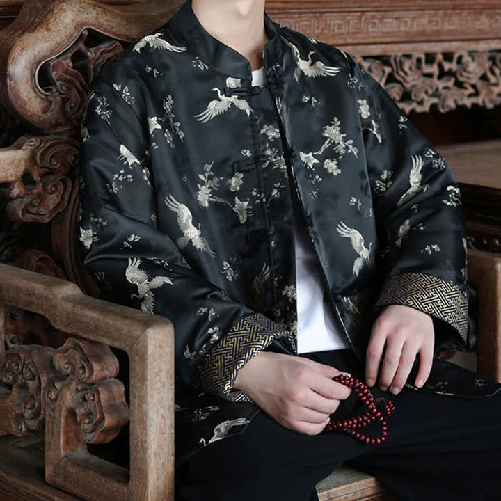 Buddha Stones Vestes homme automne-hiver style Tang vintage à col mandarin et imprimé grues avec poches - image 8